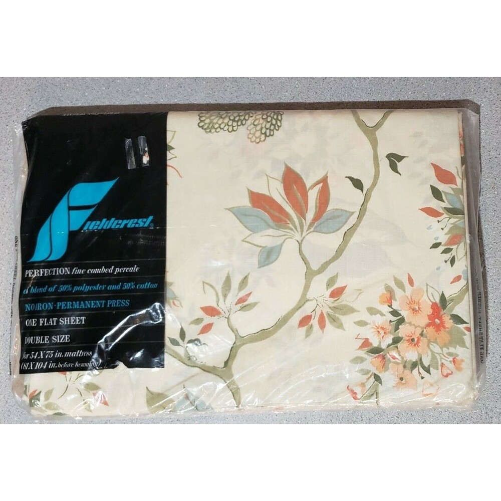 Vintage Fieldcrest Perfection Perm Press 50/50 Floral Double Flat Sheet 81x104"